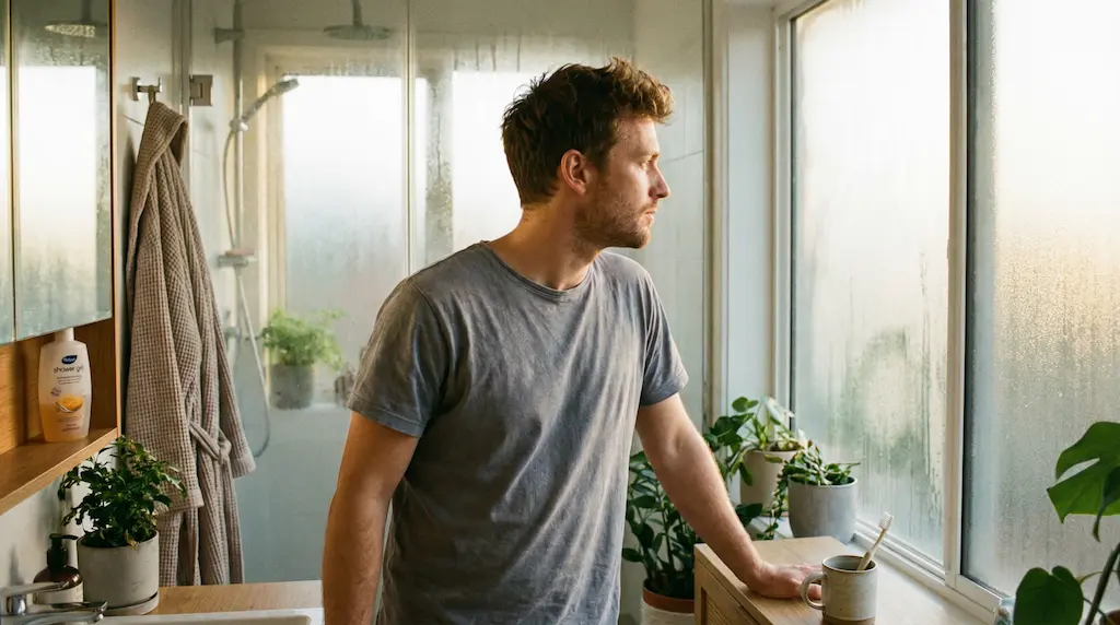 Homme de 40 ans bien soigné dans sa salle de bain, illustrant une routine grooming rapide et naturelle