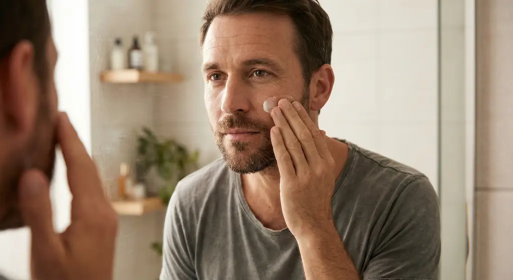 Homme appliquant une crème hydratante sur son visage pour un soin homme rapide en 3 minutes