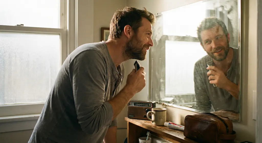 Homme taillant les contours de sa barbe avec une tondeuse pour un entretien barbe rapide