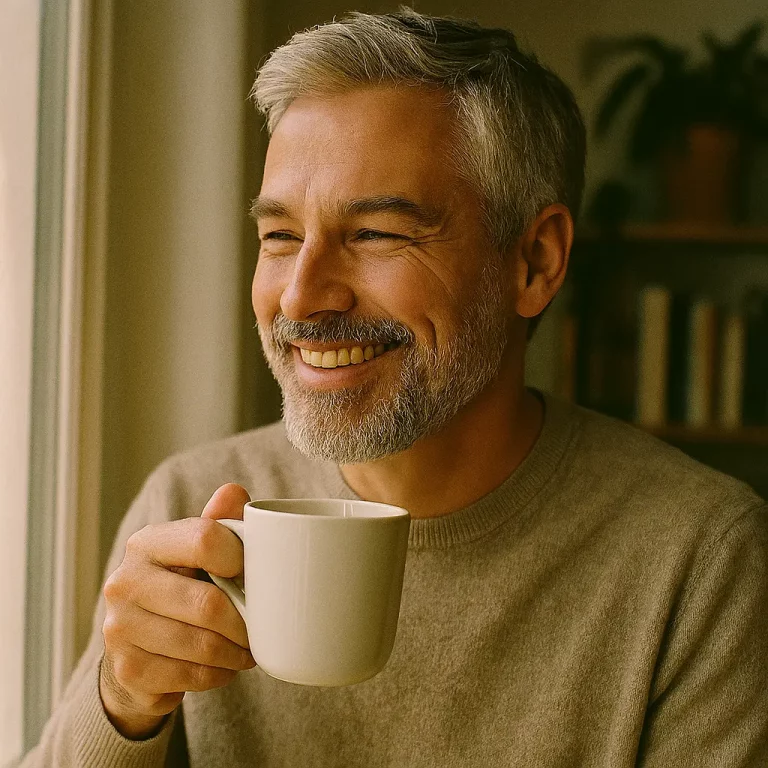 Homme de 45 ans avec barbe grisonnante bien entretenue, illustrant le grooming homme après 40 ans