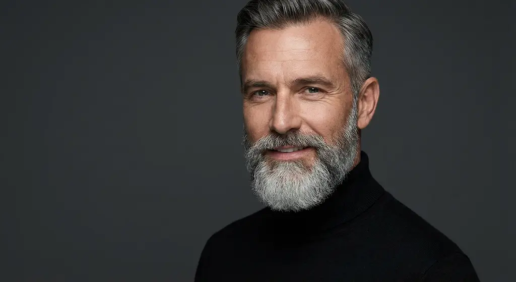 Homme de 45 ans avec barbe grise élégante et soignée, style Silver Fox naturel et assumé