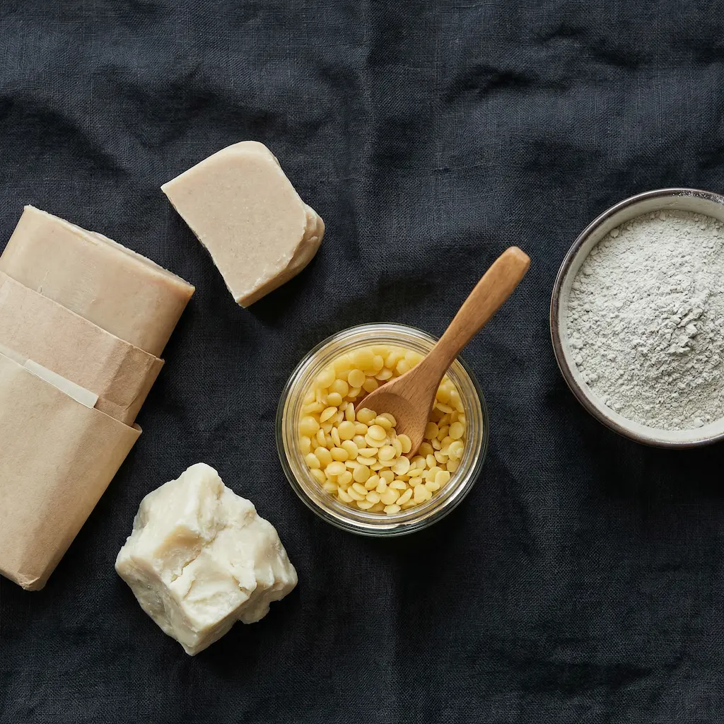 Flat lay ingrédients naturels déodorant solide homme argile beurre karité