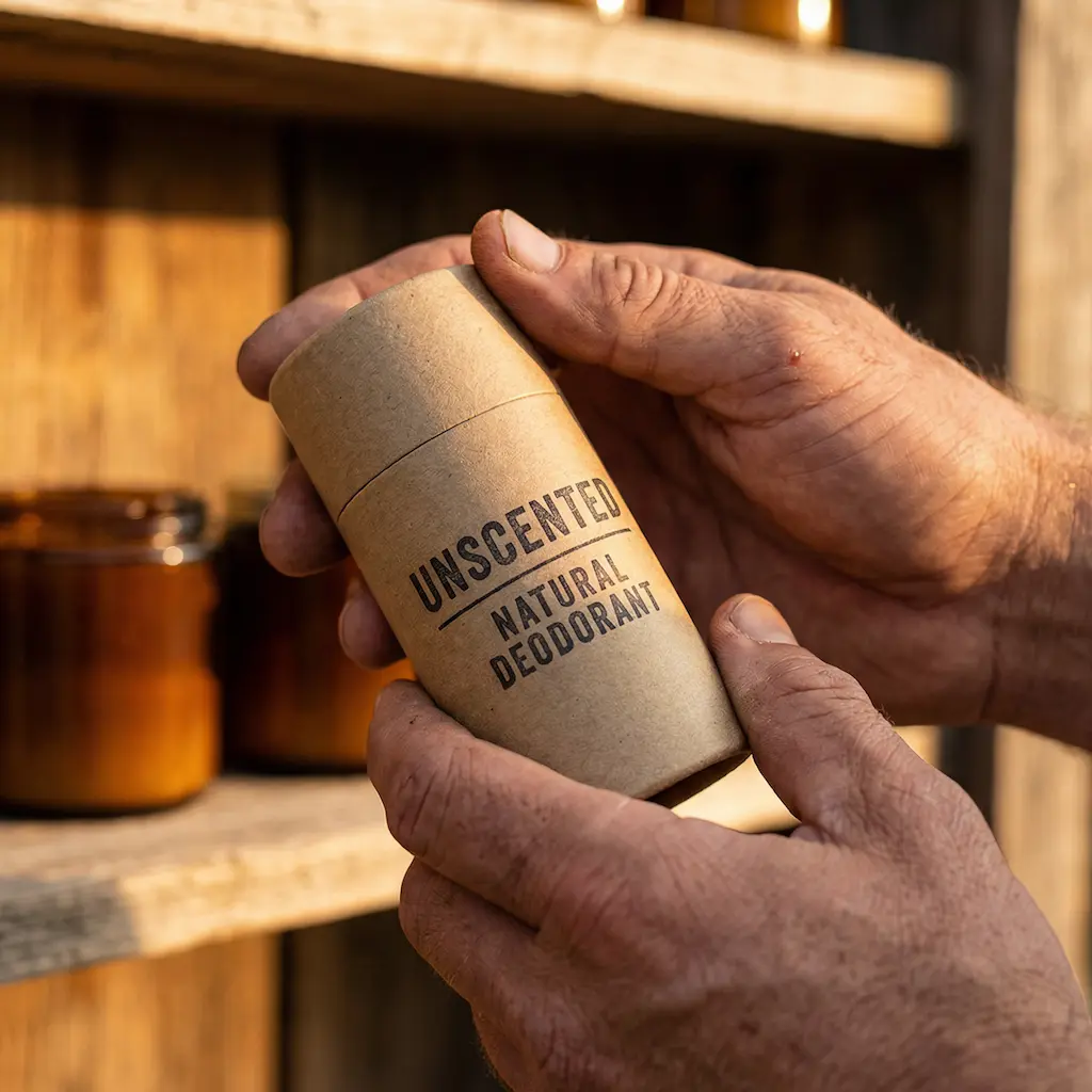 Mains masculines tenant un déodorant solide naturel artisanal