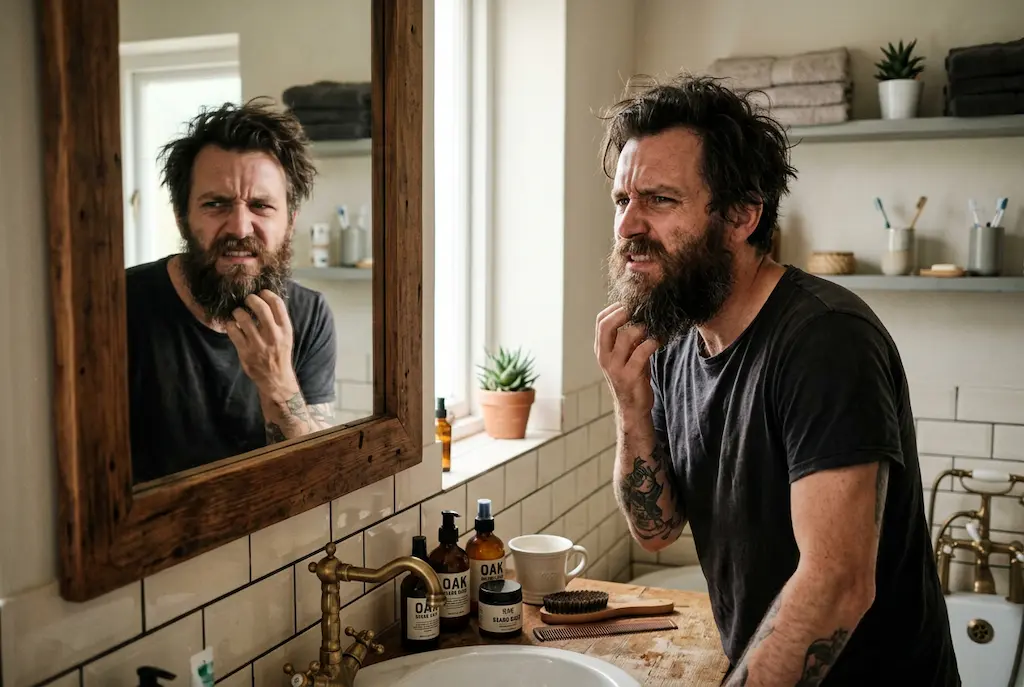 homme barbe rêche miroir frustré