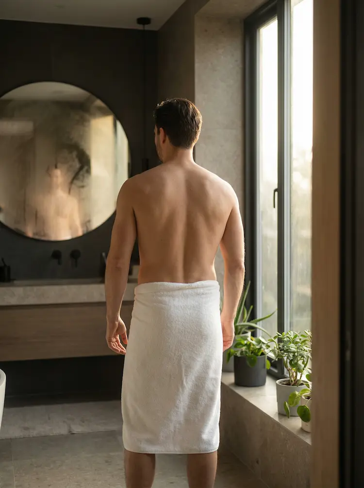 Homme en serviette dans la salle de bain.