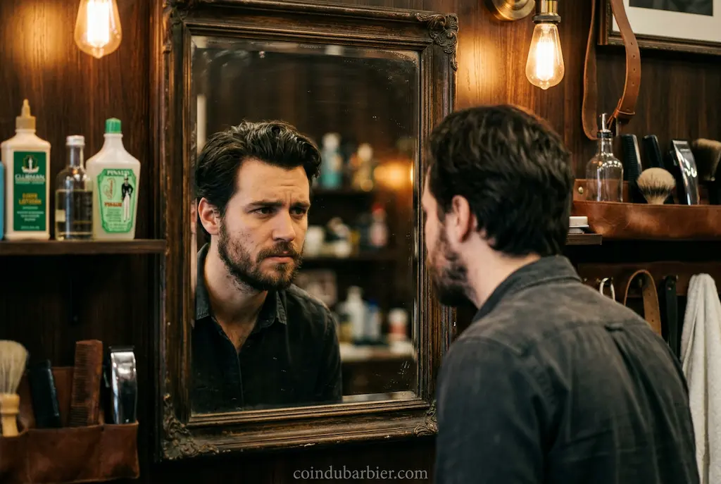 Homme regardant son reflet avec une barbe clairsemée