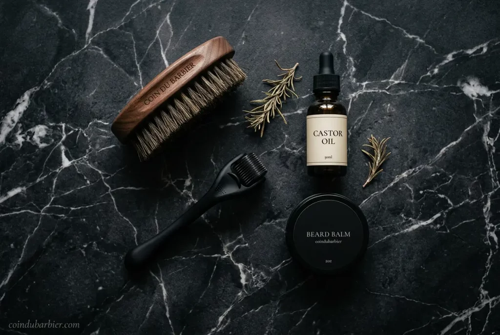 Produits soin barbe huile ricin dermaroller sur marbre