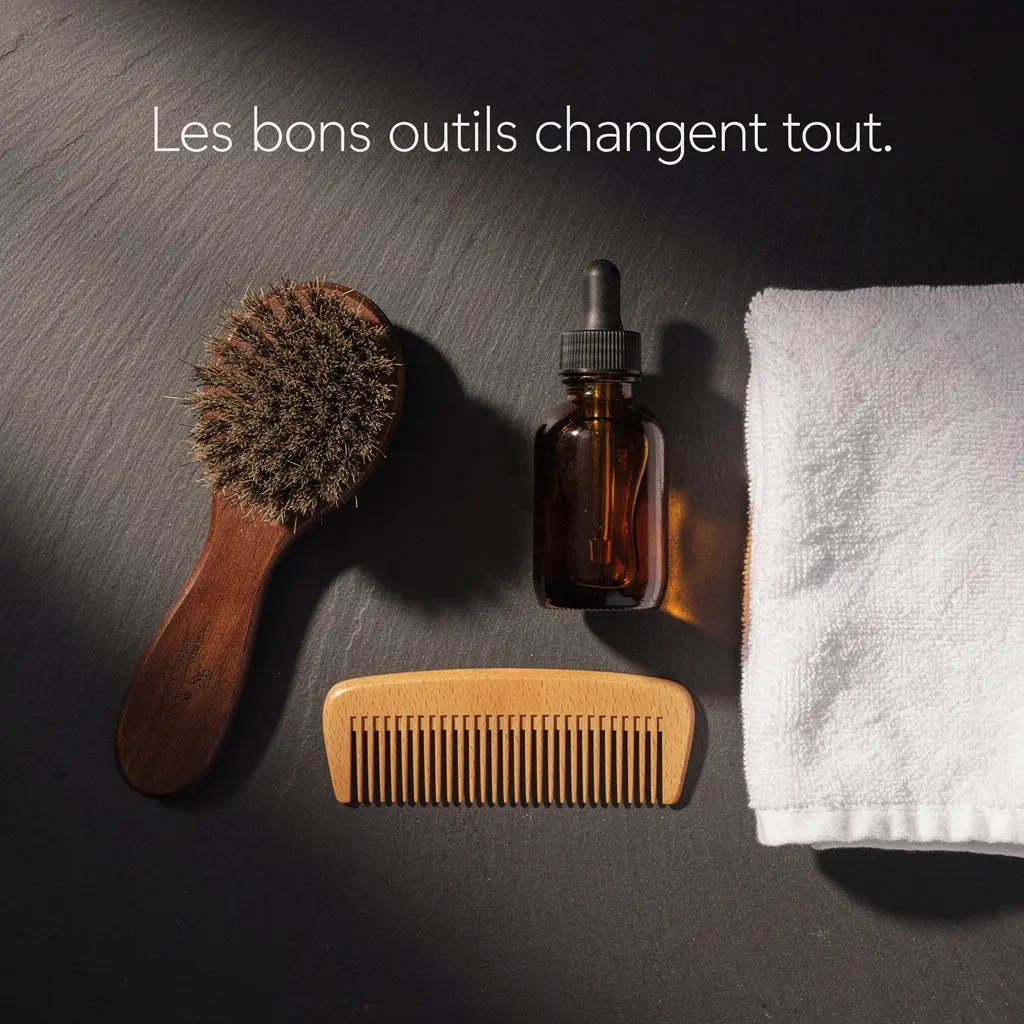 Accessoires de soin pour barbe disposés sur une surface ardoise