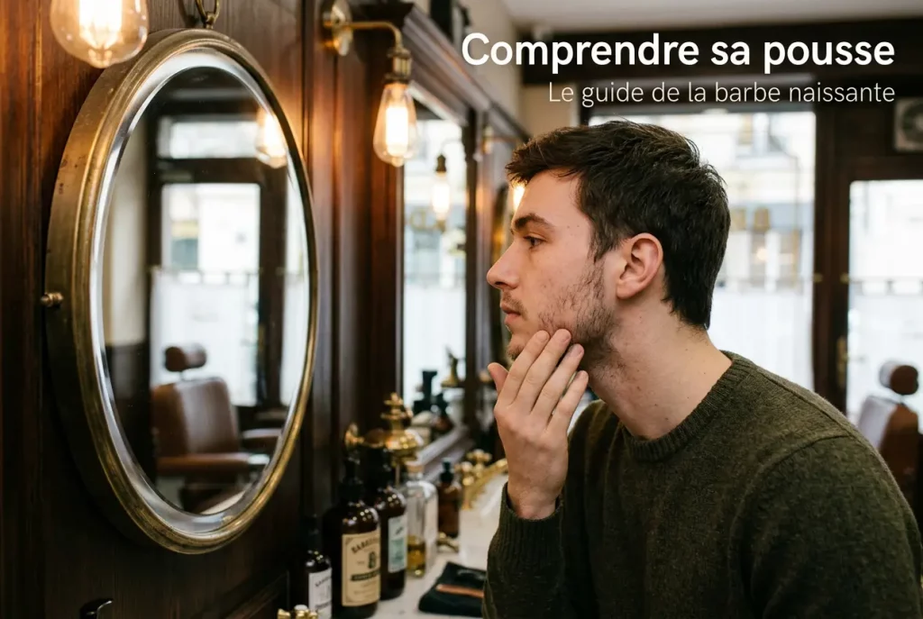 Jeune homme examinant sa barbe inégale dans un miroir rond