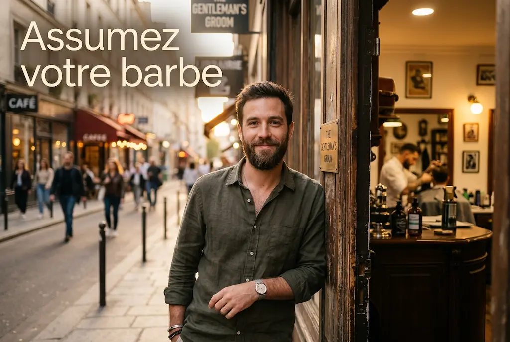 Homme confiant avec barbe de trois jours soignée en barbershop