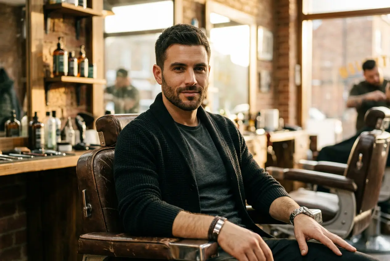 Homme avec barbe clairsemée assis dans un salon de barbier